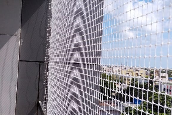 Close-up of a durable pigeon net installed on a Bangalore apartment balcony.
