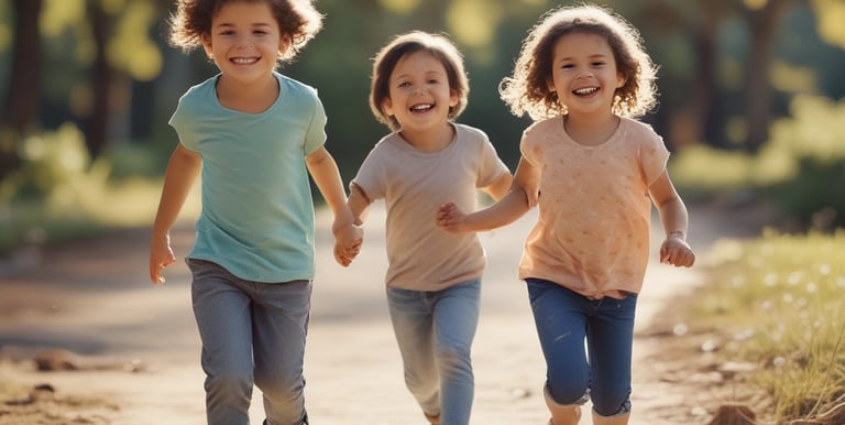 A group of diverse children holding hands in a circle, smiling outdoors.