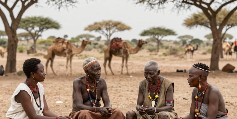 Local farmers tending to drought-resistant crops under a bright blue sky in Kenya's arid lands.