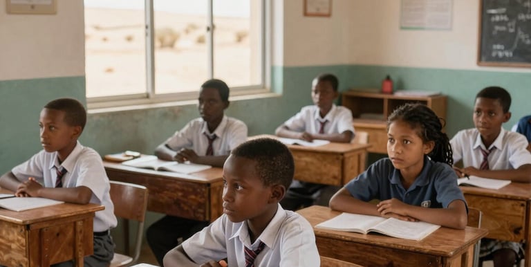 Local farmers tending to drought-resistant crops under a bright blue sky in Kenya's arid lands.