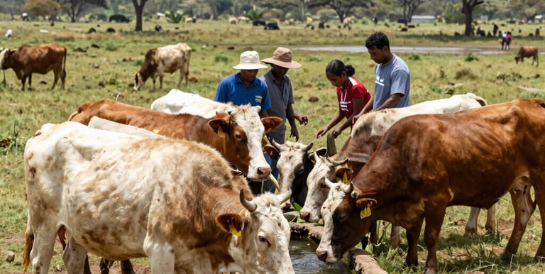 A group of community members gathered around a water pump in a dryland village, smiling as they access clean water.