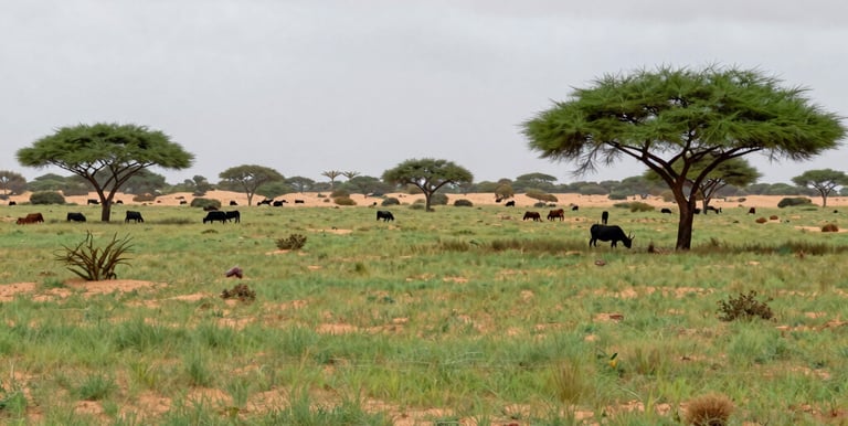 Local farmers tending to drought-resistant crops under a bright blue sky in Kenya's arid lands.