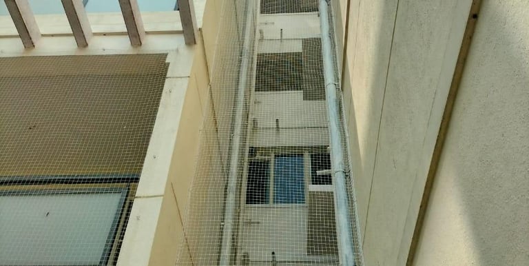 Close-up of a sturdy pigeon net securely fitted on a balcony railing with a cityscape in the backgro