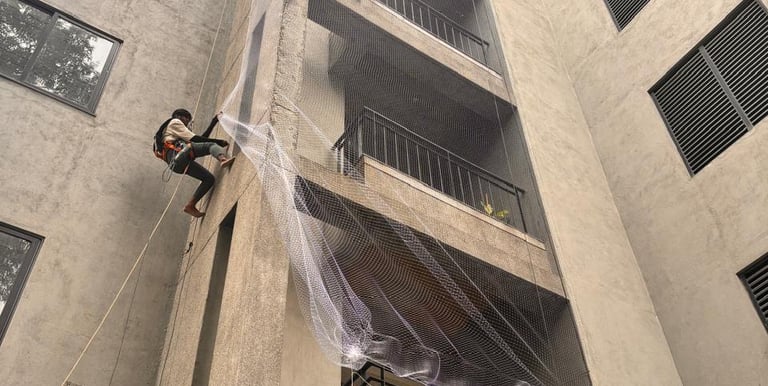 Wide view of a Jogeshwari West building with neatly fitted safety nets preventing pigeons.