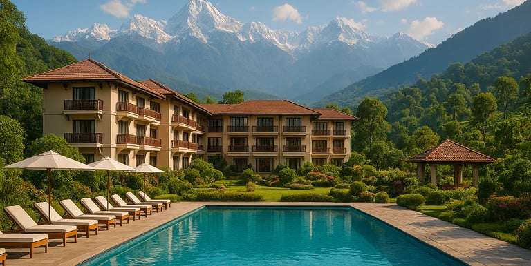 "Luxury hotel with a swimming pool surrounded by greenery and snow-covered mountains in background"