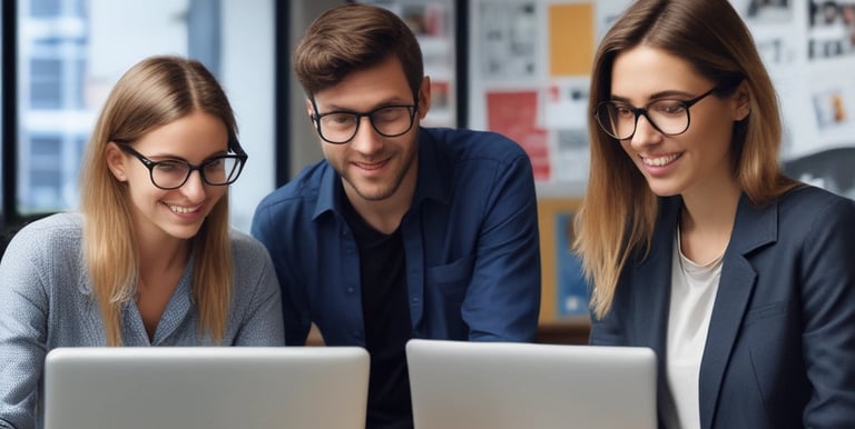 Professional team working on digital marketing strategies in a modern office.