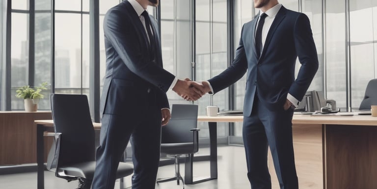 Close-up of hands shaking over a signed insurance agreement.