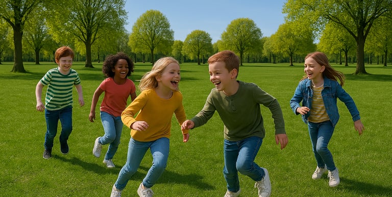 vijf spelende kinderen op het speelveld in het Schoterbos in Haarlem Noord