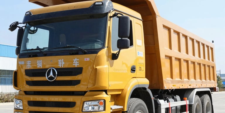 A powerful dumper truck loaded with earth, set against a rugged construction site backdrop.