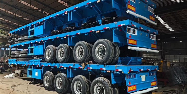Three blue heavy-duty flatbed semi-trailers stacked for transport in our manufacturing warehouse.