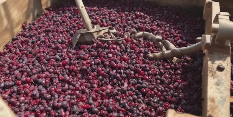 Close-up of a bubbling homebrew fermenter next to a wooden board with cheese wheels and winemaking jars.