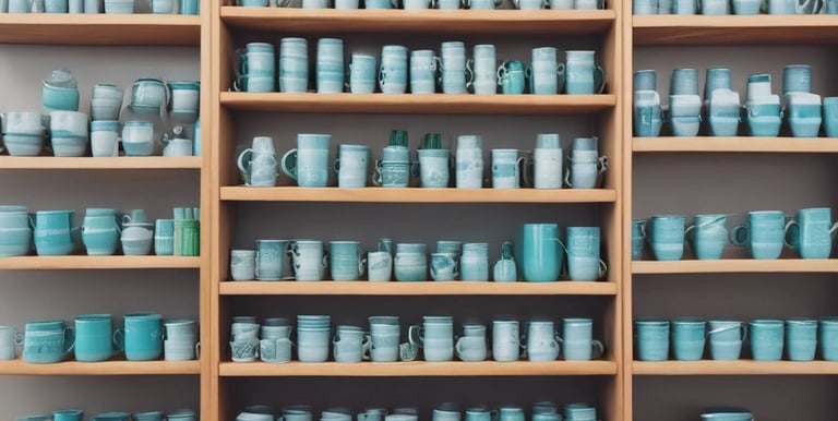 A vibrant display of custom tote bags and branded caps arranged on a sleek table at a trade show.