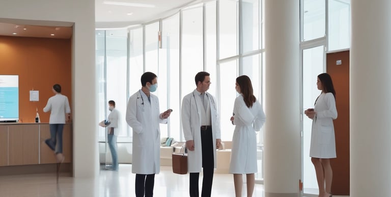 Close-up of hands signing legal documents with fertility clinic equipment in the background.