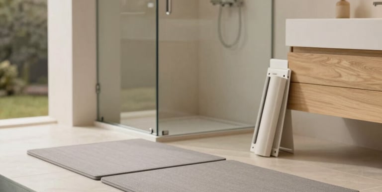 Close-up of interlocking EVA pool mats showing their textured, non-slip surface beside a sparkling pool