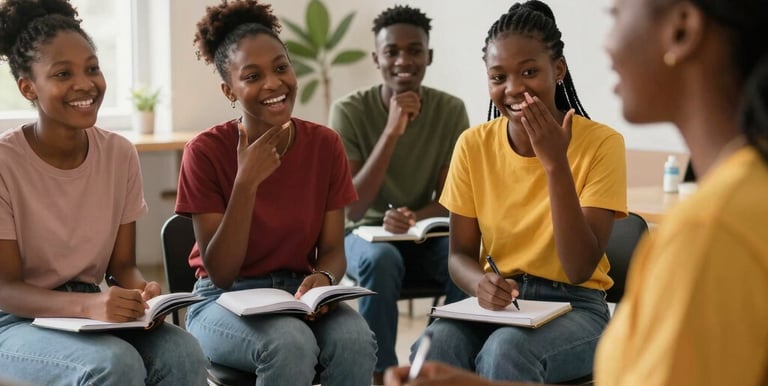 A smiling coach guiding a small group through a team-building exercise outdoors.