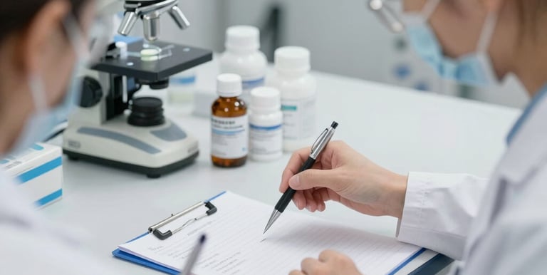 A team brainstorming pharmaceutical marketing ideas around a table with charts and laptops.