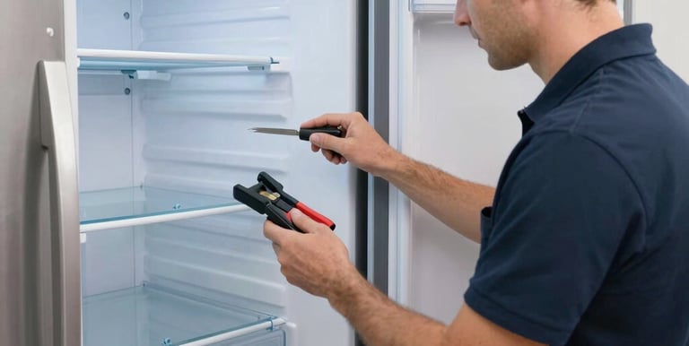 Technician in nitrile gloves precisely adjusting a Sub-Zero refrigerator in a sleek, modern kitchen.