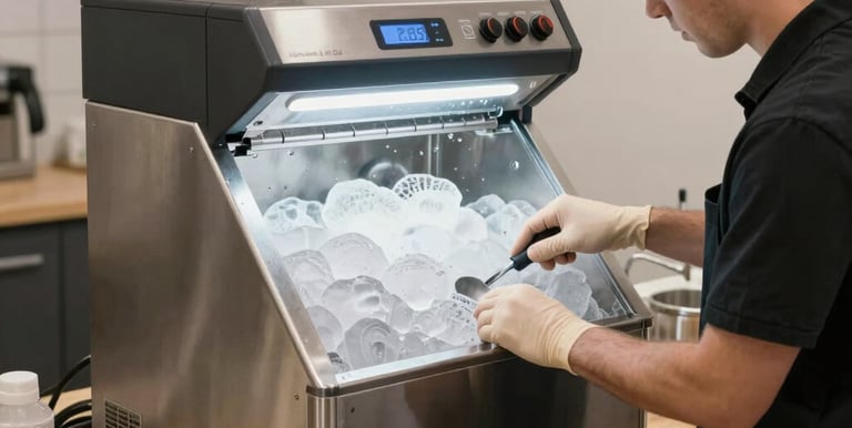 Close-up of digital tools measuring and calibrating a high-end Miele appliance with golden accents.