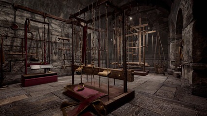 Medieval torture chamber display with wooden rack and stone wall interior.