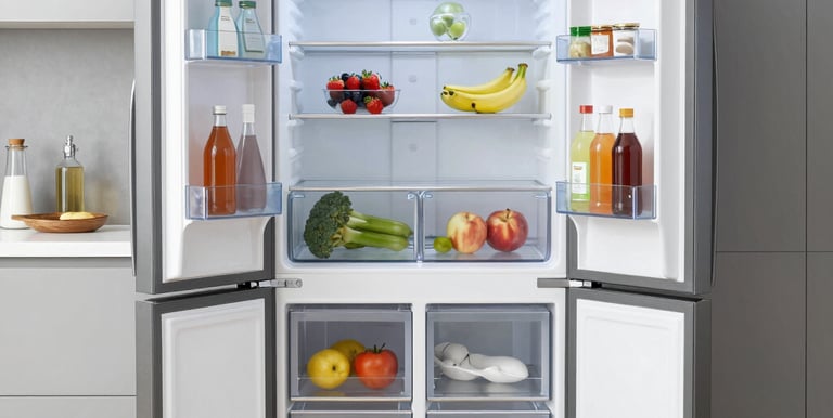 Close-up of a refrigerator being repaired with tools on a kitchen counter.
