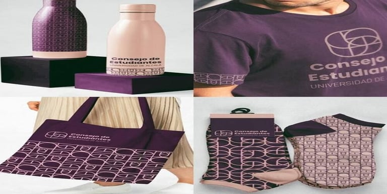 Mercancía personalizada que incluye botellas de agua de marca violeta, camiseta, bolso y calcetines