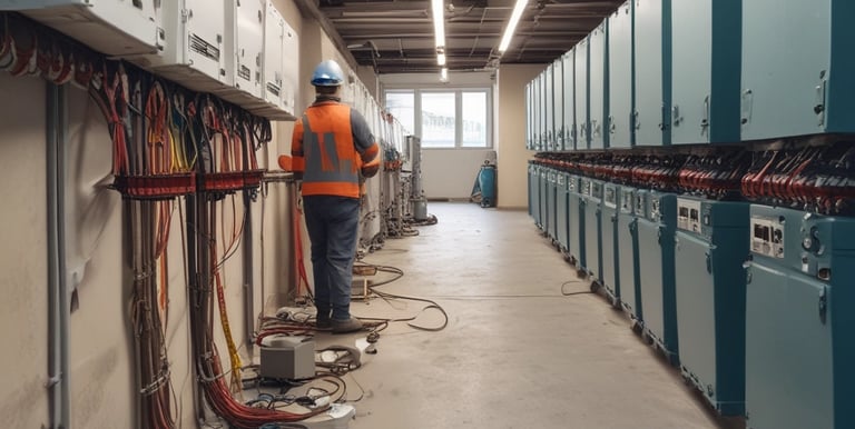 Electrician installing wiring in a modern residential building.