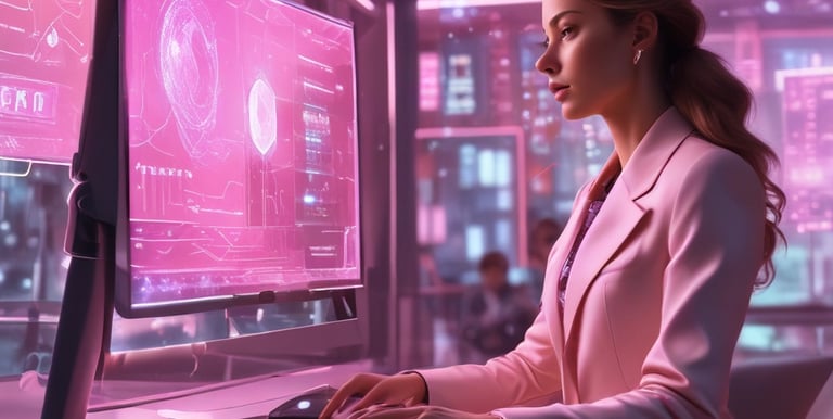 Close-up of hands using AI-powered design software illuminated by ambient pink lighting.