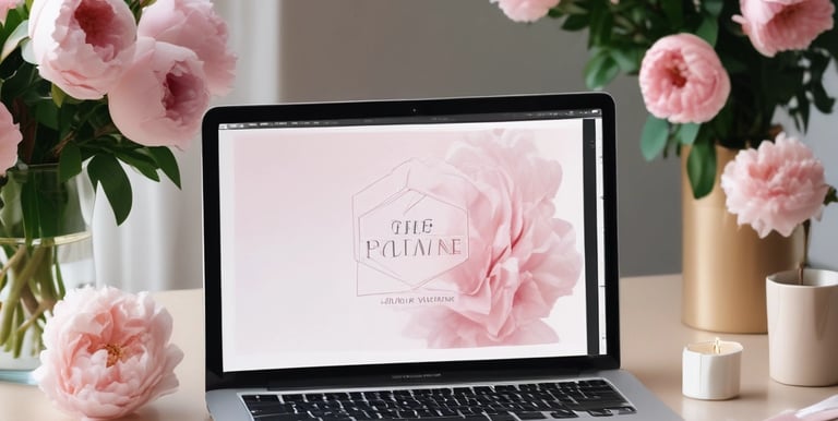 Elegant workspace with soft blush tones, showing a laptop and design sketches on a clean desk.