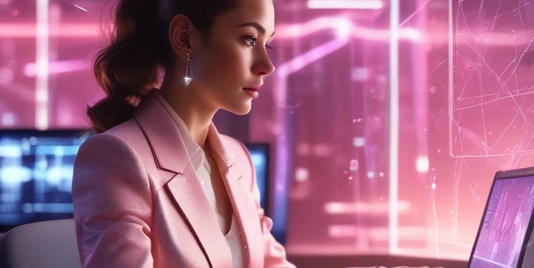 Close-up of hands using AI-powered design software illuminated by ambient pink lighting.