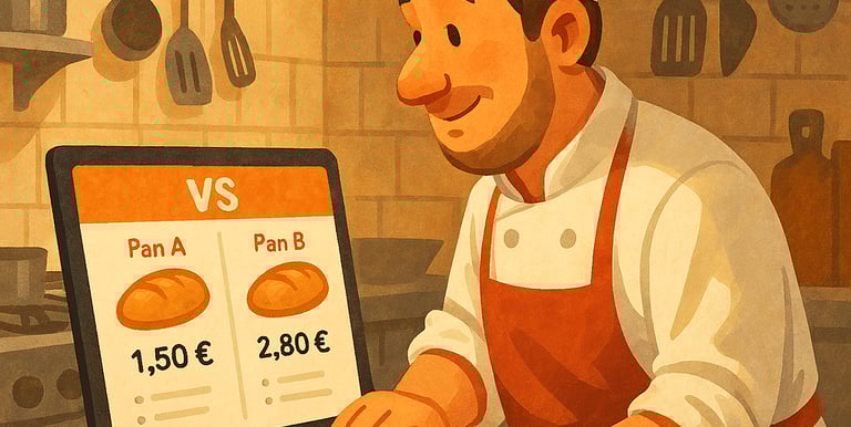 Ilustración en Hostelería, cocinero usando el comparador de Dighoreca para el pan