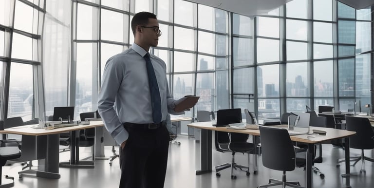 Team collaborating in a modern office environment around a table with documents and laptops.