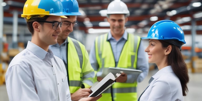 Team collaborating in a modern office environment around a table with documents and laptops.