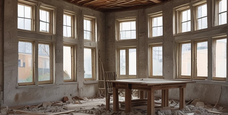 A project manager reviewing blueprints on a construction site with cranes in the background under a warm beige sky.