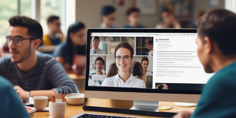 A friendly teacher engaging with students during a live online English class.