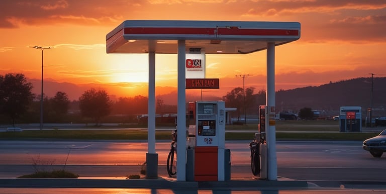Photo of the gas pumps at The Junction with cars refueling under a bright sky.