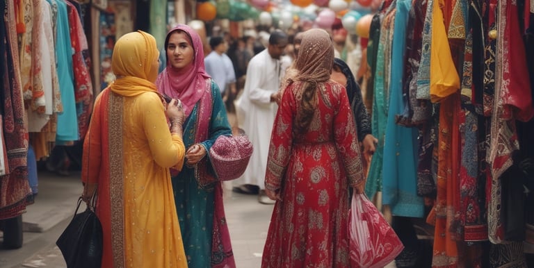 Families enjoying traditional Eid dishes together under colorful festival tents.