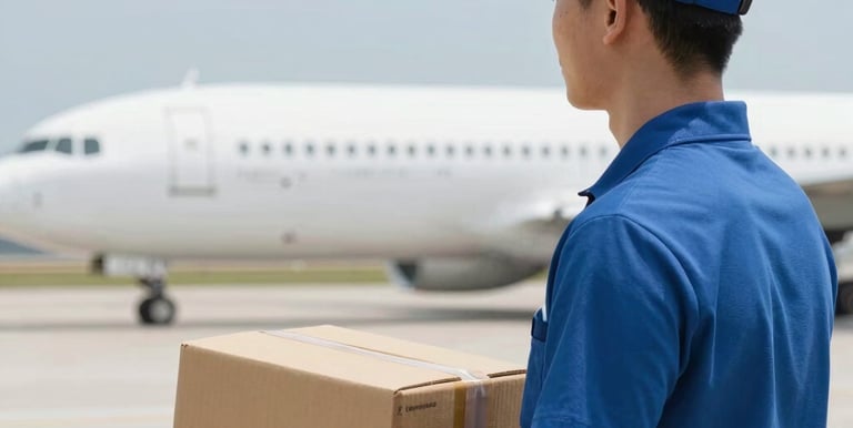 A close-up of a courier handing over a package to a smiling recipient at an airport.