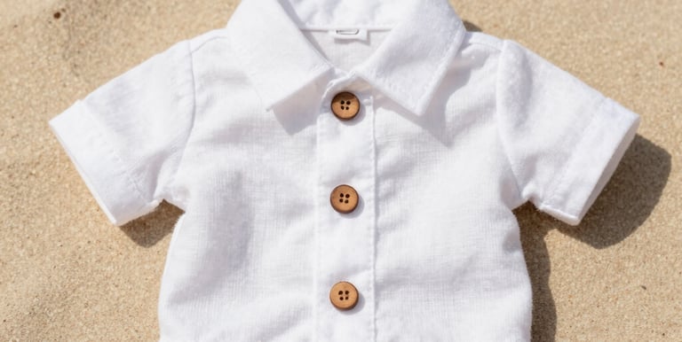 Camisa de perro y gato de lino blanco de manga corta con botones de madera, tendida sobre una playa de arena