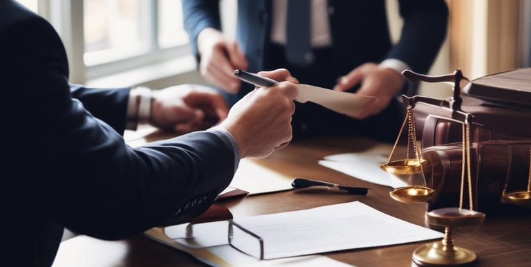 A lawyer consulting with a client in a confidential office setting.