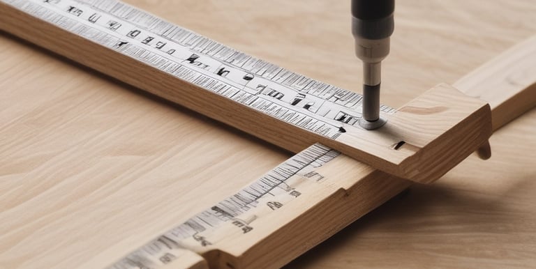 Close-up of hands measuring and marking a wooden model of a building.