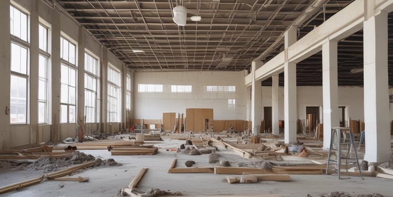 Architect reviewing blueprints on a construction site with cranes in the background.