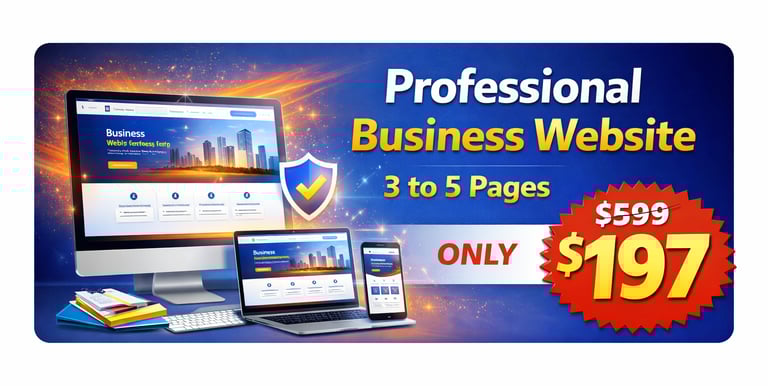 Professional business website design offer for 3 to 5 pages shown on desktop, laptop, and mobile devices.