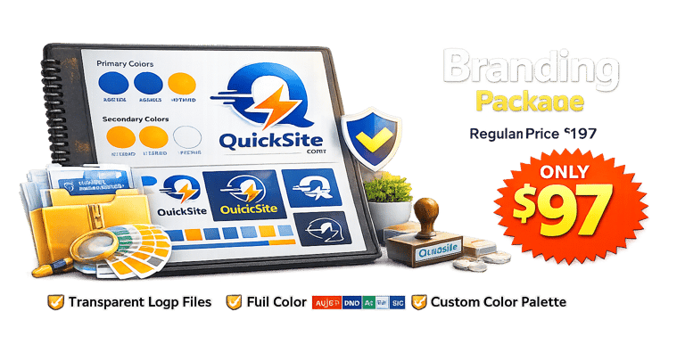 Custom branding package offer featuring QuickSite logo design, color palettes, and transparent vector files.