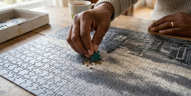 A persons hand putting the final missing puzzle pieces into a puzzle