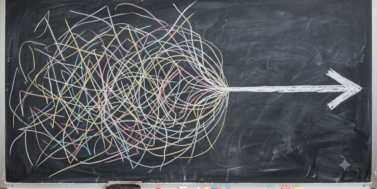 Disorganized, chaotic lines coming together to form one arrow making forward progress in one directi