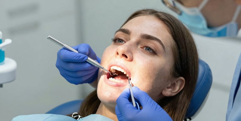 Smiling patient receiving gentle dental cleaning from a professional dentist.