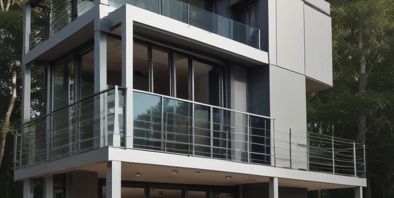 Modern steel frame residential building under construction with clear blue sky background.