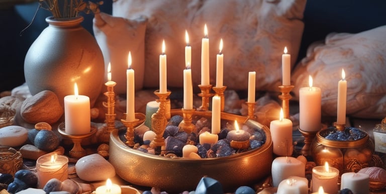 Elegant ritual tools arranged with candles and crystals.