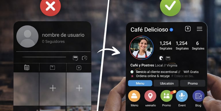 Before and after social media profile showing improved branding and engagement results