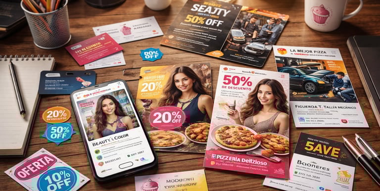 Graphic design materials including flyers, ads, and promotional visuals for business marketing